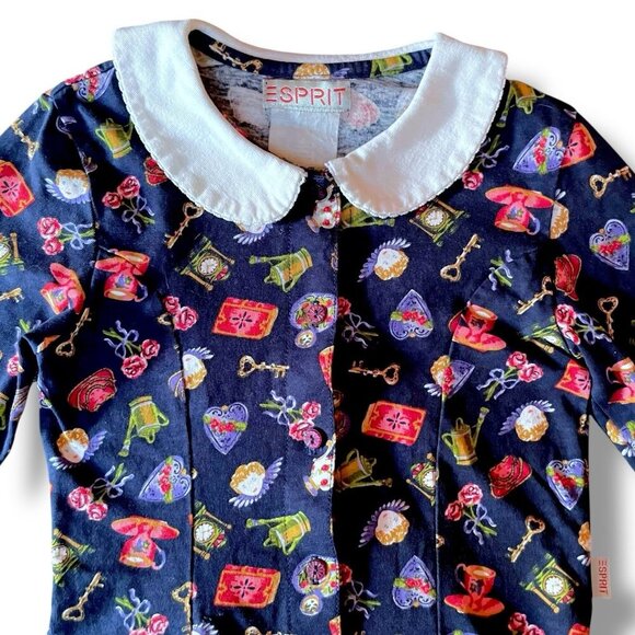 Vintage 90s Esprit Girls Dress Sz Large Navy Blue Victorian Print Skater Flare - Picture 3 of 8